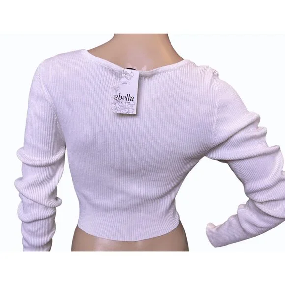 NWT 2Bella Cropped Ribbed Stretch Long Sleeve Top Snap Front L White Y2K Style - Picture 2 of 11
